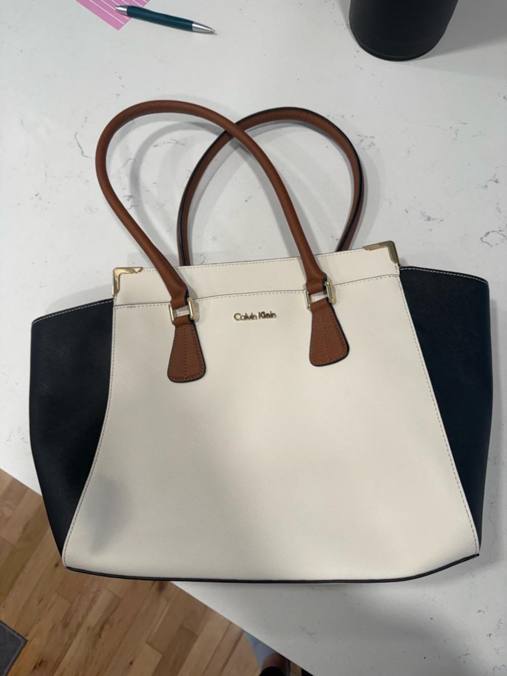 Calvin Klein Cream, Black & Brown Structured Tote
